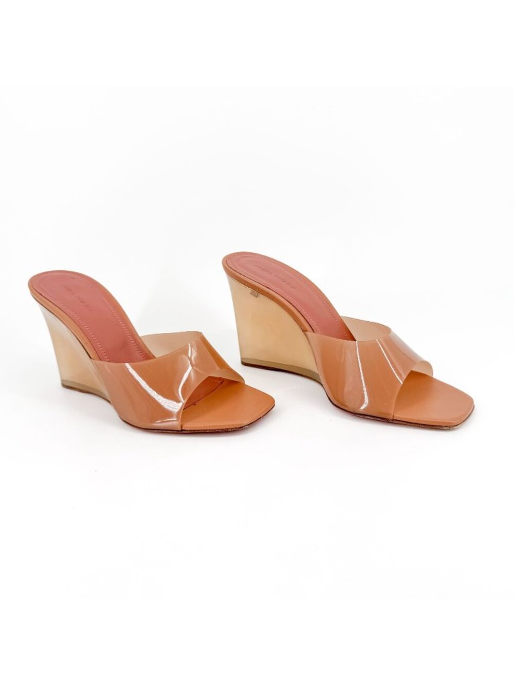 Amina Muaddi Lupita Glass Mule Wedge Size 40.5 US 10.5 Beige Tan PVC Slide Heels